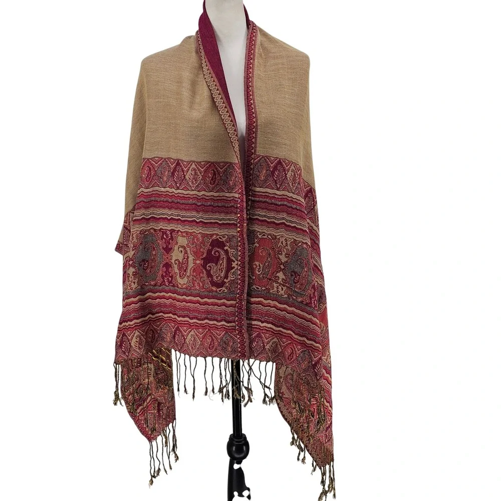 100% Pashmina Scarf Wrap Large Burgundy Paisley Boho Rainbow Tassel Luxury Shawl